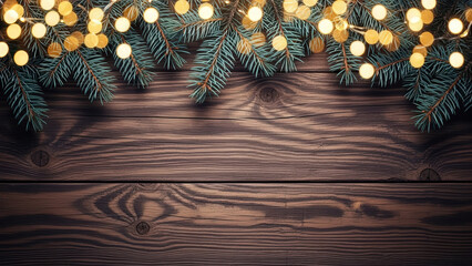 Christmas fir branches with warm bokeh lights on rustic dark wood background