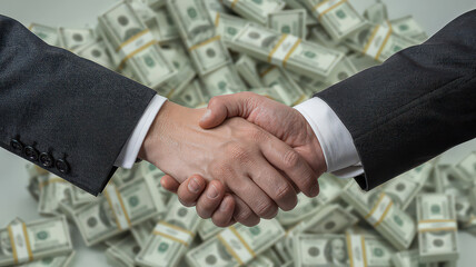 Close-Up of Business Professionals Shaking Hands Over Scattered US Dollars