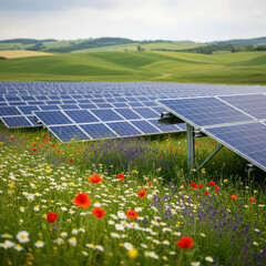 Solar Panel Installation in a Sustainable Wildflower Meadow for Biodiversity Net Gain