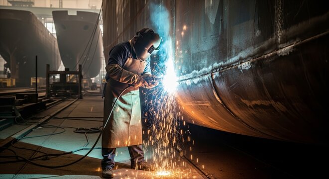 Industrial Shipyard Welder Working on Steel Ship Hull