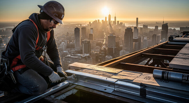 Construction worker tightening bolt on skyscraper rooftop at sunset