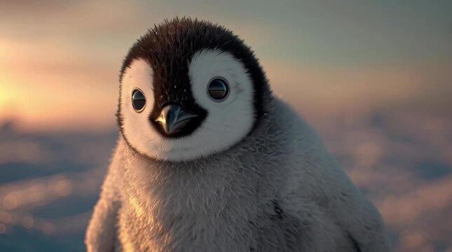 Close-up of an adorable penguin chick standing against a serene cloudy sunset background with warm lighting.