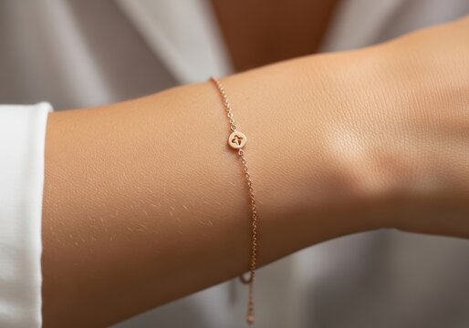 Woman wearing a delicate rose gold bracelet with a small charm on her wrist