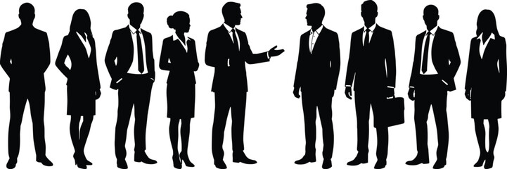 Black silhouette vector of business team standing in row, manager talking to staff, professional group isolated on white background for design.