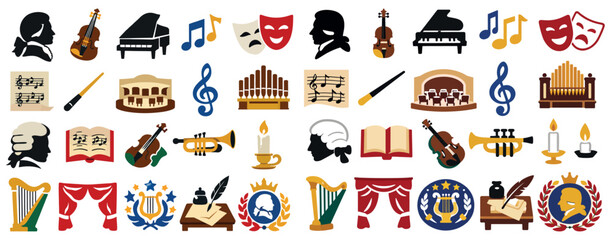 Wolfgang Amadeus Mozart Birthday Icons Set with Classical Music and Theatrical Elements