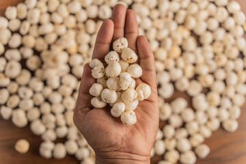 Phool Makhana, Fox Nut, Lotus Pops Seeds, Gorgon nut, Euryale Ferox on a human hand.