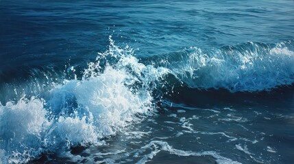 Ocean Wave Crashing with Splashes of Water in Deep Blue and White Colors Under Bright Sunlight
