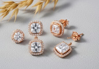 Naklejka premium Elegant rose gold jewelry set with clear gemstones on a light gray surface with wheat