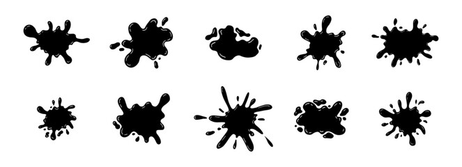 Black smooth ink shiny blob form set. Splash with glossy drops, round abstract shapes silhouette liquid. Soft fluid organic puddle border, frame. Current drops. Ink Paint fall down liquid.