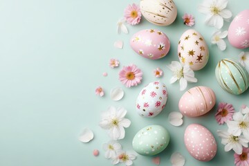 Obraz premium Pastel Easter Eggs and Spring Flowers Flat Lay