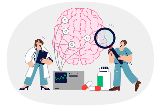 Two doctors study human brain by conducting neurological experiment and using eeg equipment