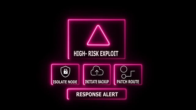 Cybersecurity high risk exploit alert with glowing neon warning signs isolated on dark background