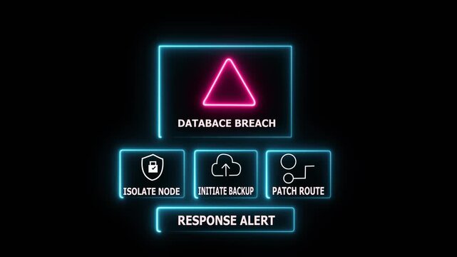 Cybersecurity database breach alert with glowing neon icons and response system in dark tech environment
