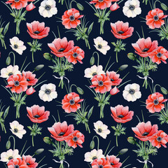 Red poppies blooming field watercolor seamless pattern on black for stylish spring designs. Botanical floral hand drawn repeat background with anemones flowers for delicate fabrics and wallpapers