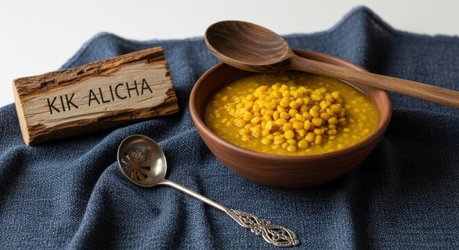 Authentic Kik Alicha Yellow Split Pea Stew in Rustic Bowl, Indigo Shemma Textile and Acacia Wood Sign, Ethiopian Vegan Cuisine