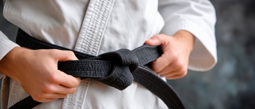 Close-up of a black belt tied on a white karate uniform in a studio setting during a martial arts training session