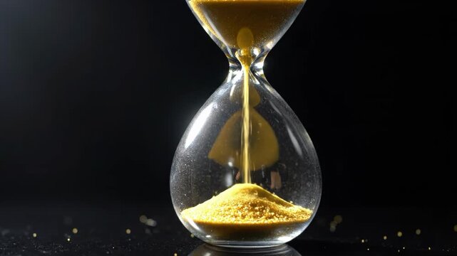 Golden sand flowing through glass hourglass timer