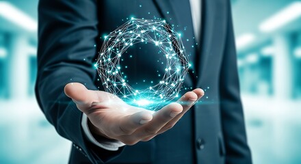 A businessman presenting a glowing digital network sphere in the palm of his hand symbolizing innovation
