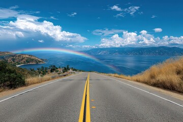 Scenic Asphalt Road Leading to Distant Cityscape with Rainbow Spanning Over Ocean and Blue Sky with White Clouds on Sunny Day in Summer