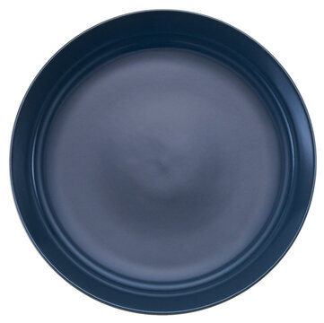 Round dark navy blue ceramic plate isolated on white background, top view cutout PNG