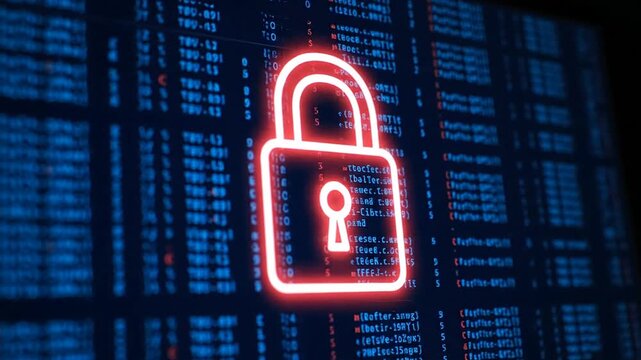 Neon red padlock symbol over dark blue background with data stream