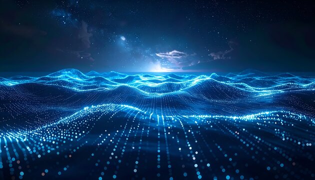 Abstract digital ocean of light under a starry night sky