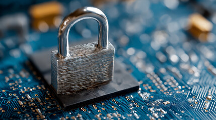 Metallic padlock resting on a blue computer chip representing digital security, data protection, and advanced cyber technology concept