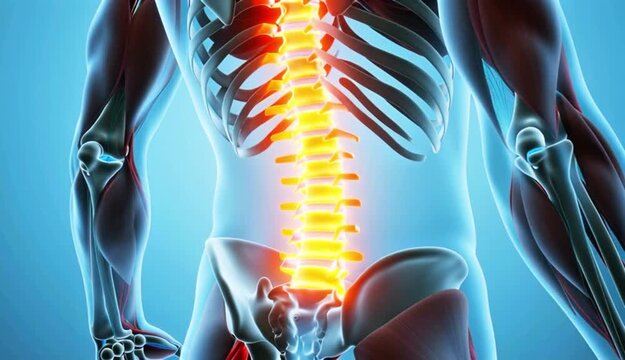  A video showcasing a human spine with a glowing spine and skeleton