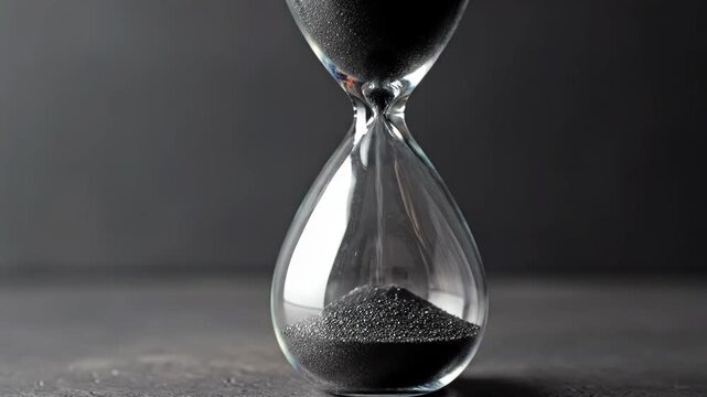Black sand hourglass measuring time against dark background