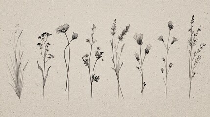 Silhouetted Floral Pattern on Beige Textured Background Artistic Design Elegant Dark Floral Silhouettes Decorative Beige Texture Plant Motifs Naturalistic Home Decor