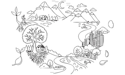 Obraz premium Circular illustration of nature and city life with a tree at center