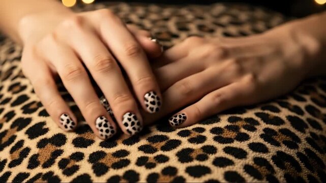 Elegant fingernail art displayed on leopard print with gentle hand movement