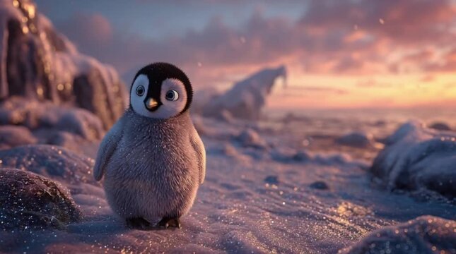 Cute penguin standing on snowy ground with icebergs at sunset
