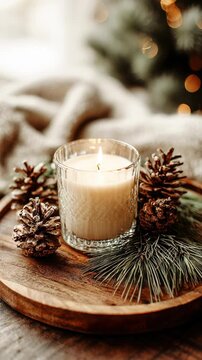 Burning soy candle in etched glass surrounded by pine cones and fir branches on rustic wooden tray against soft blanket and christmas tree bokeh, cozy winter hygge atmosphere