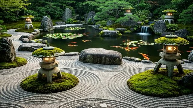 Tranquil Japanese Garden with Lanterns and Koi Pond