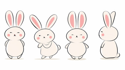 Fototapeta premium Cute cartoon rabbits in various poses with large ears and round bodies, showcasing playful expressions and soft pastel colors