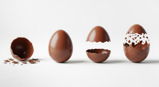 Four stages of chocolate egg evolution, including broken shell, whole egg, and cracked egg, displayed on a white background