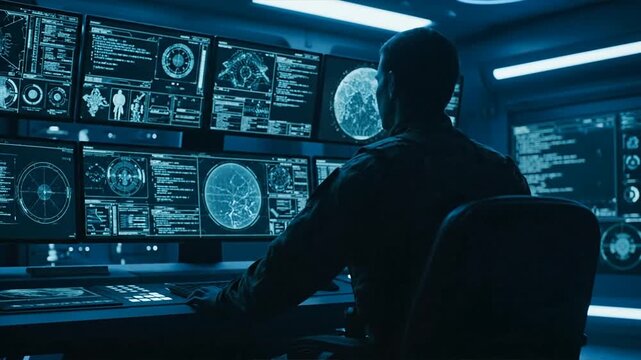 Operator working with data on multiple screens in a modern control room