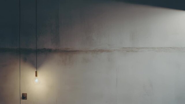 Minimalist interior space featuring a glowing bare light bulb hanging from a wire, casting warm light on a raw concrete wall and tiled floor, highlighting a simple dimmer switch