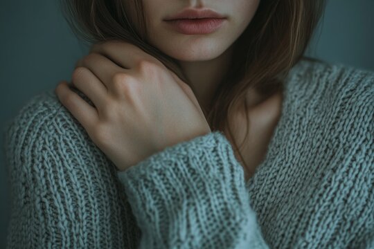 On a cold day, a woman finds comfort in a cozy sweater as she enjoys a quiet moment indoors