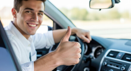 Young man smiling and giving a thumbs up while seated in a car, interior view showing dashboard and steering wheel