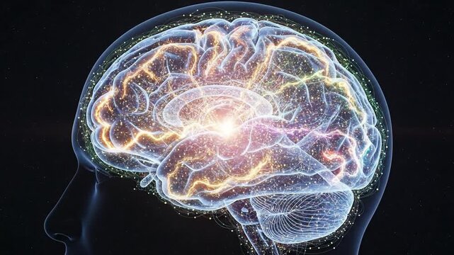 Illuminated human brain profile showing neural connections and processing