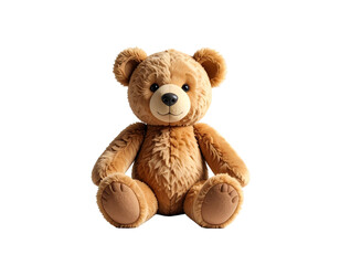 Obraz premium A fluffy brown teddy bear with a black nose and button eyes sits on a dark background