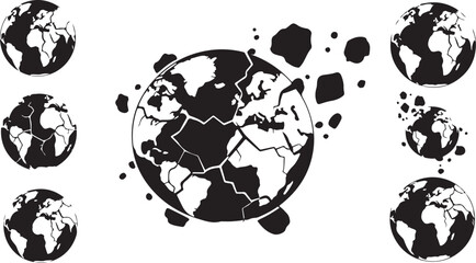Black and white illustration of multiple earth globes exploding