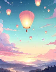 Fototapeta premium Magical Sky Lantern Festival at Sunset Over Mountains.