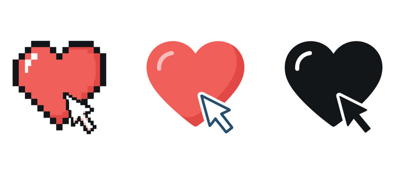 Pixel, flat, silhouette heart icons with cursor arrows on white background