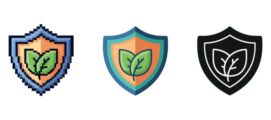 Fototapeta premium Eco-friendly shield icons: pixelated, colorful, monochrome versions