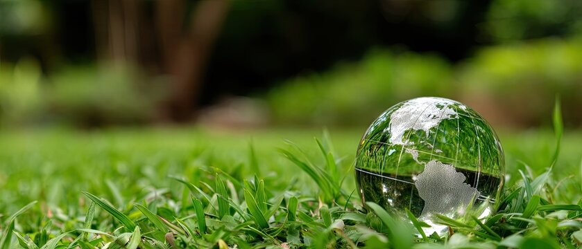 Eco concept with glass globe on green grass surrounded by trees and plants for Earth Day and ecology theme promoting environmental protection