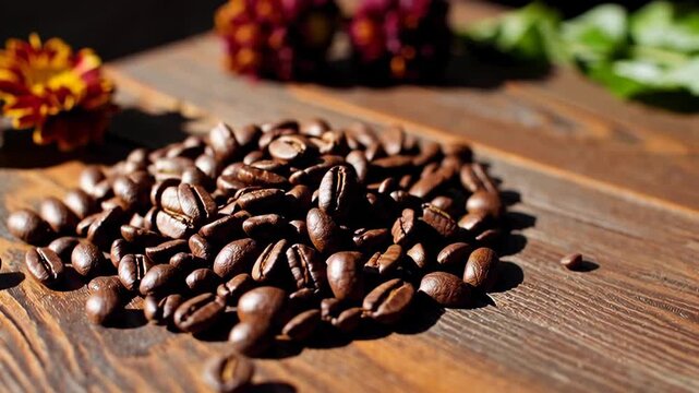 Aromatic coffee beans spread gently across rustic wooden surface in warm light