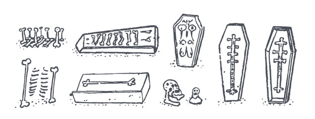 Bones, graves and coffins vector set. illustrations sketch drawing style, doodle 2d